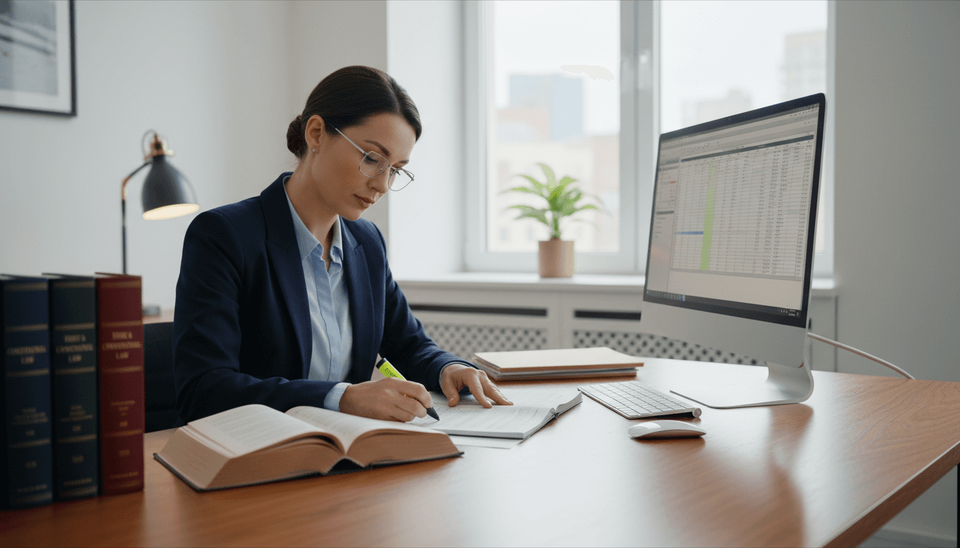 Paralegal preparing legal documents at professional desk