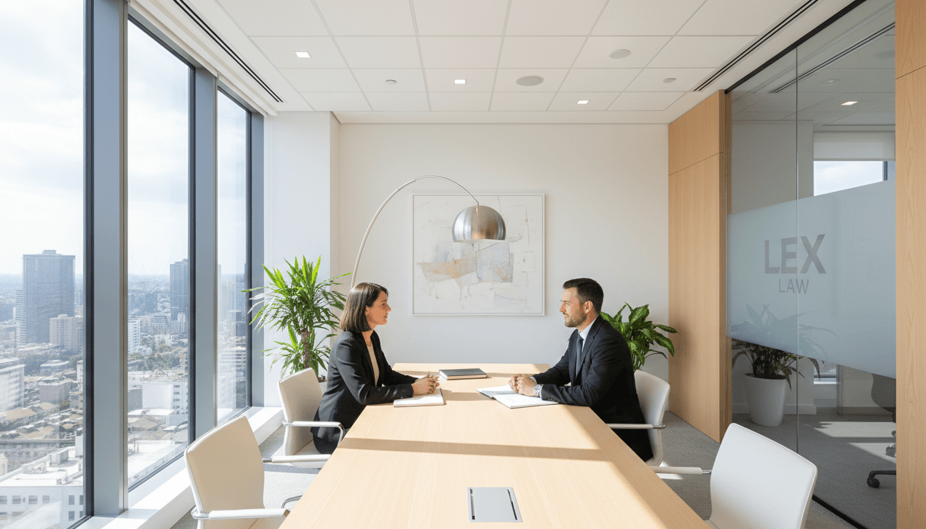 Professional paralegal office with client consultation in bright modern setting