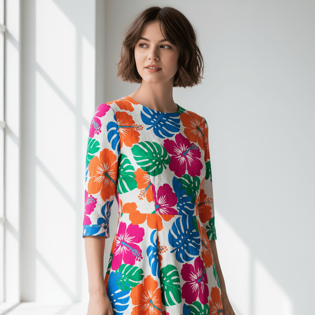 Young woman wearing vibrant floral midi dress, posed confidently against white background with natural light