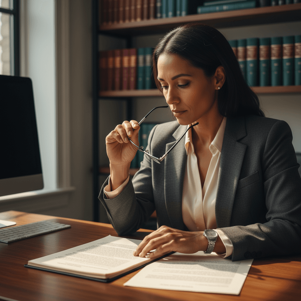 Professional paralegal reviewing family law documents at office desk