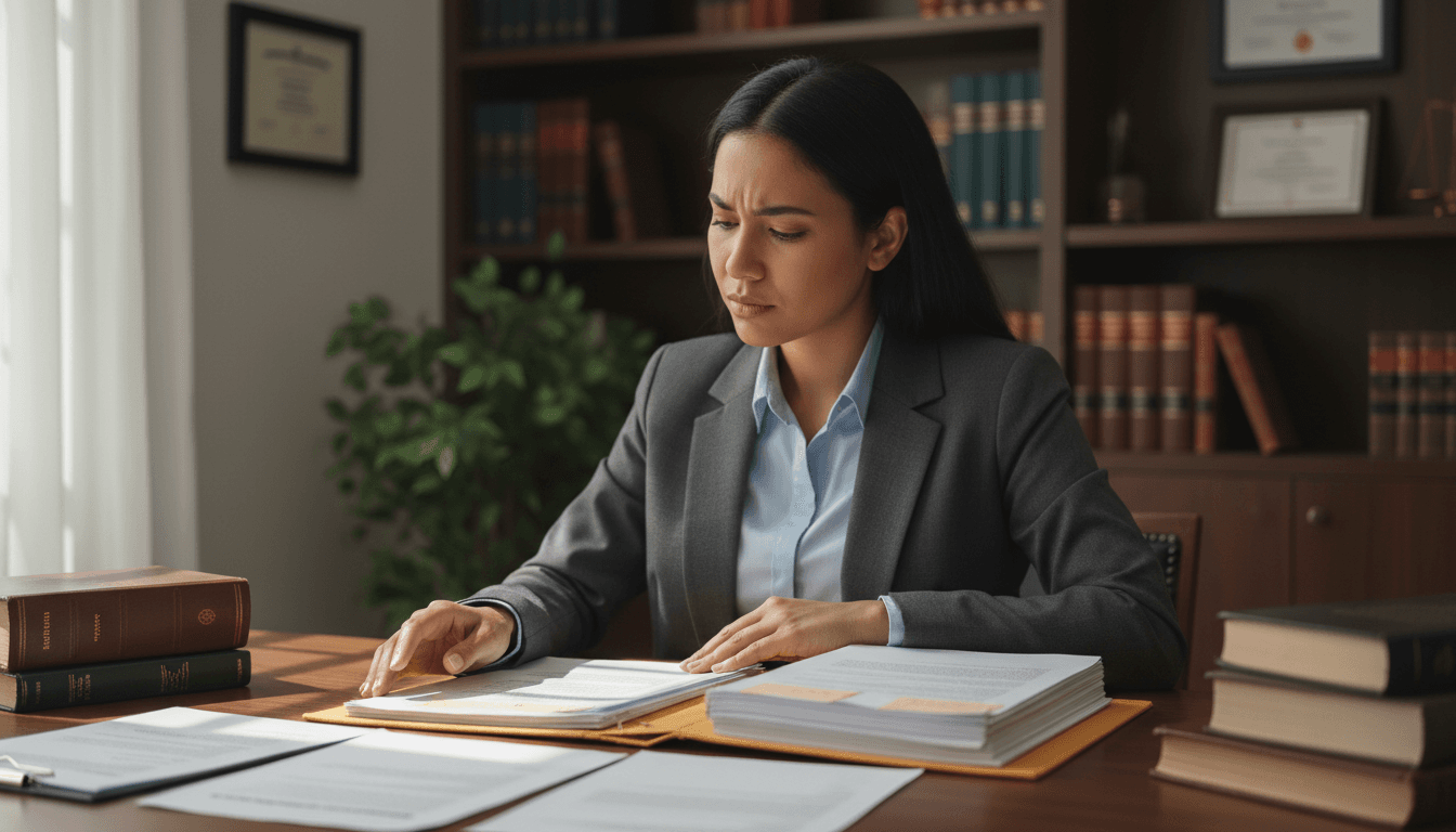 Professional woman attorney reviewing family law documents at desk