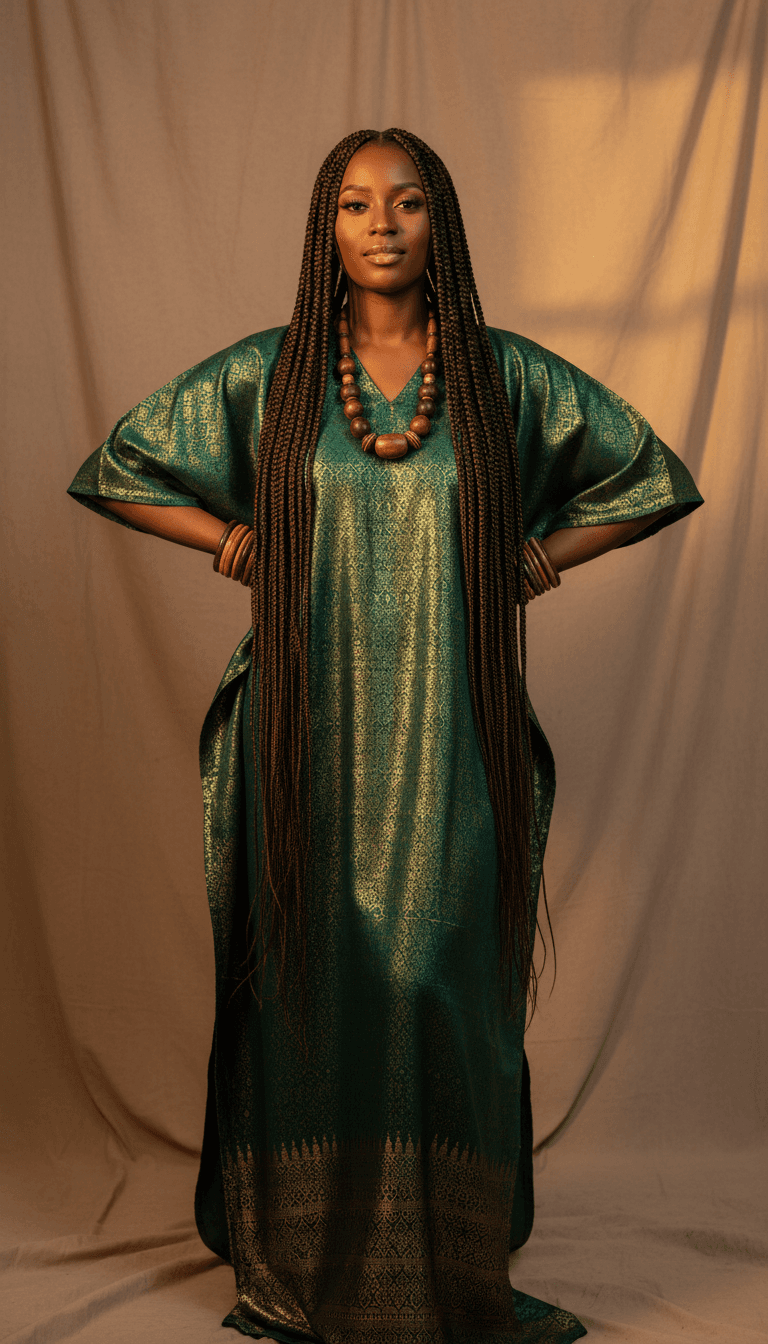Client proudly displaying freshly completed protective box braids in warm natural studio lighting