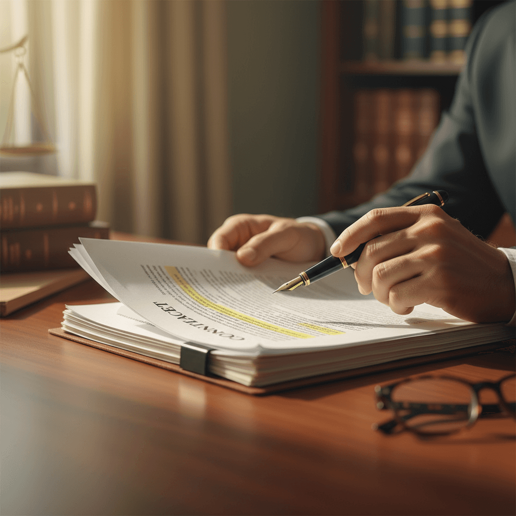 Professional paralegal reviewing family law documents at desk