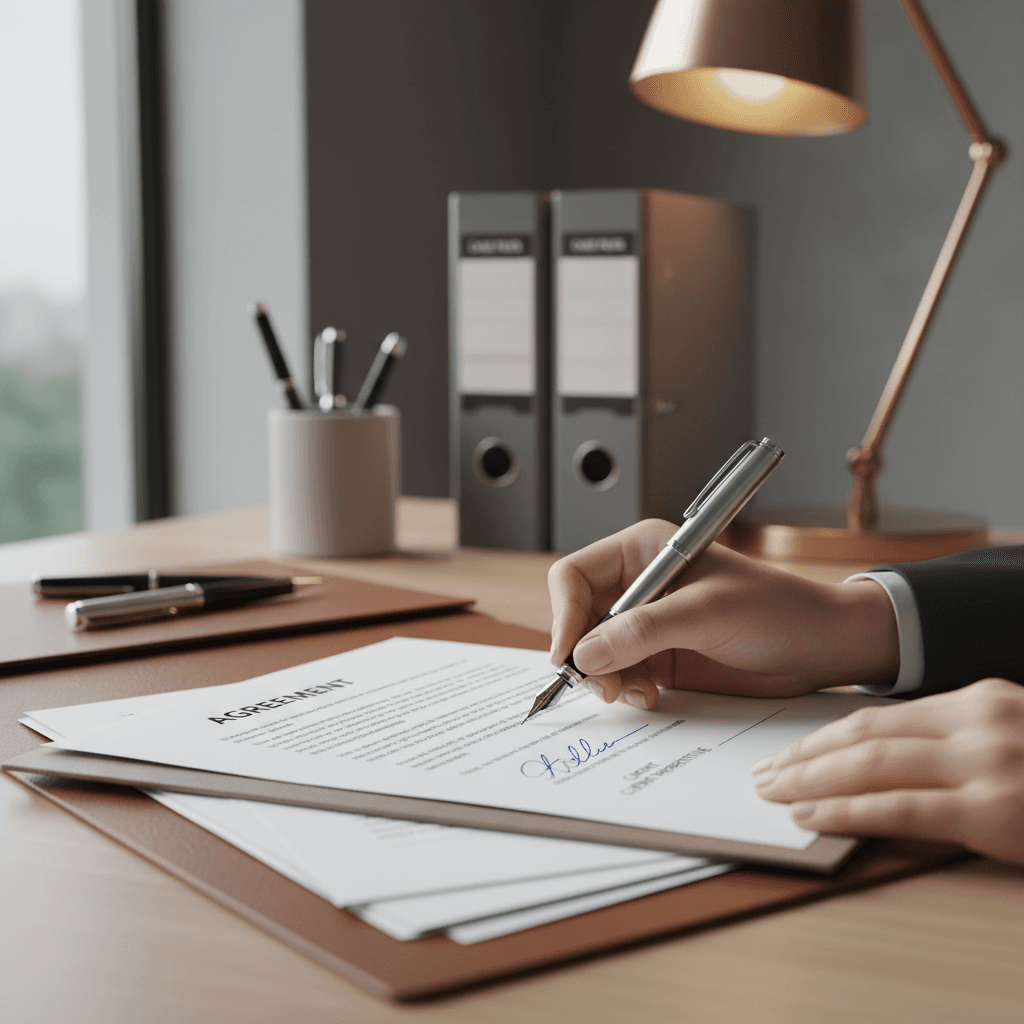 Signed legal documents and paperwork on desk